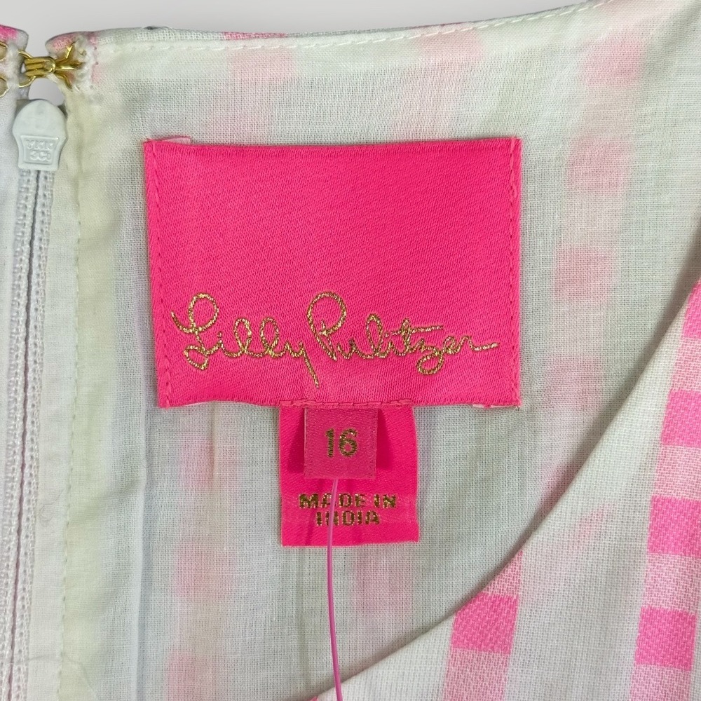 Lilly Pulitzer Maybella Midi Dress Pink Isle Gingham Stripe Lace Trim 16 NEW - Picture 4 of 10